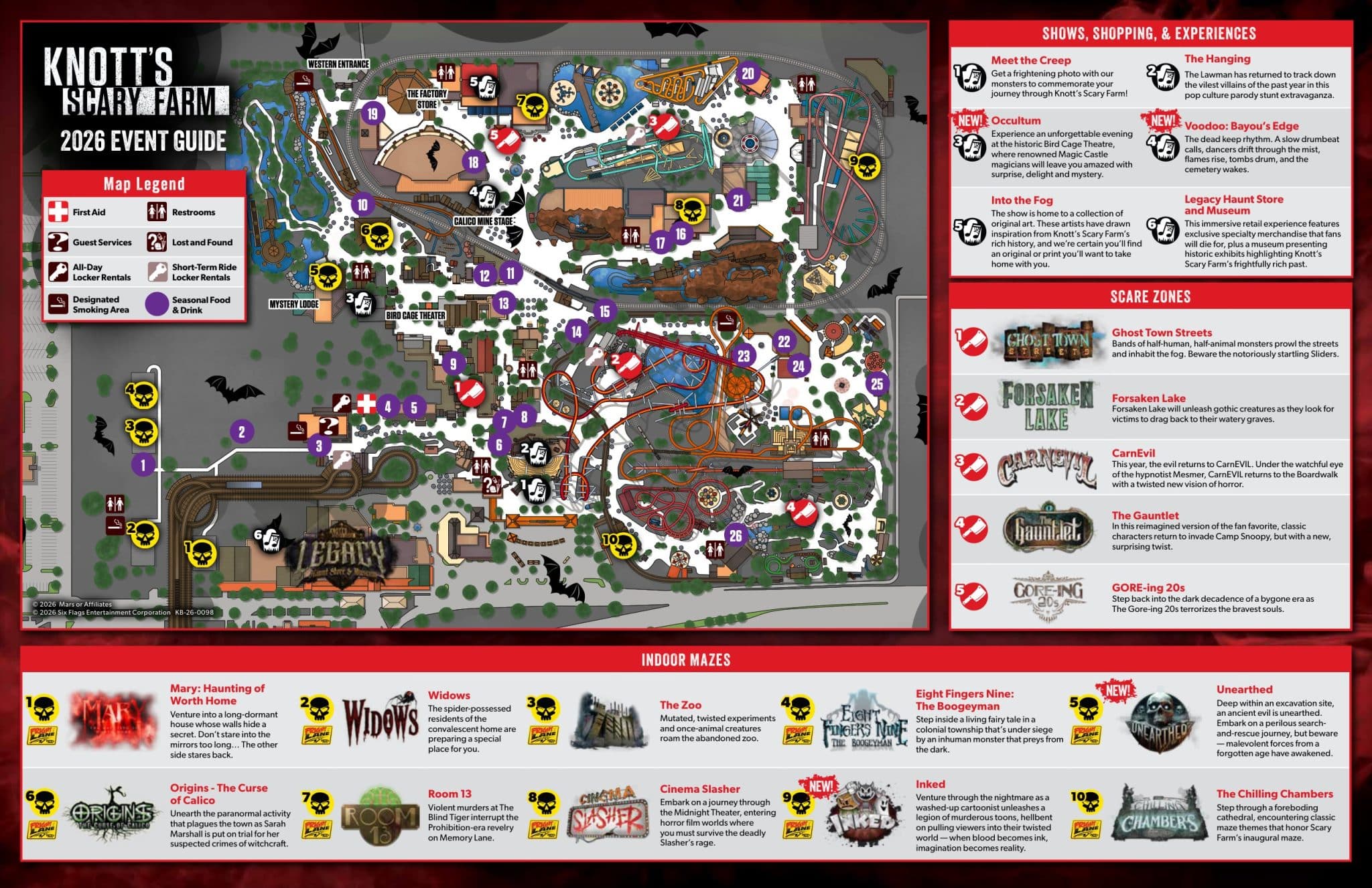 The Knott's Scary Farm 2026 event map, with the 10 mazes, 5 scare zones, 6 shows and experiences, and 26 food stops numbered across Knott's Berry Farm