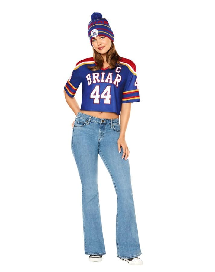 Spirit Halloween's Adult Briar University Costume Kit from Off Campus, a cropped hockey jersey and beanie