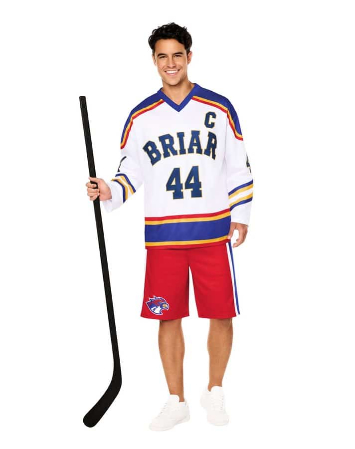 Spirit Halloween's Adult Garrett Graham Costume from Off Campus, a Briar University hockey jersey and shorts
