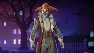 Jack the Clown as a Fortnite character, a clown with orange hair, a ruffled collar and a striped suit with pom-pom buttons, on a purple-lit street