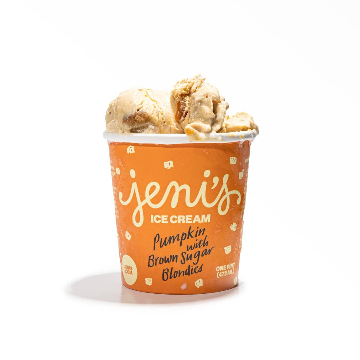 A pint of Jeni's Pumpkin with Brown Sugar Blondies ice cream