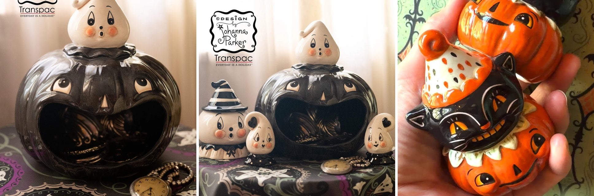 Johanna Parker Gus Ghost Big Mouth Bowl, a grouping of Gus Ghost pieces, and Pumpkin Patch Black Cat Jack shakers