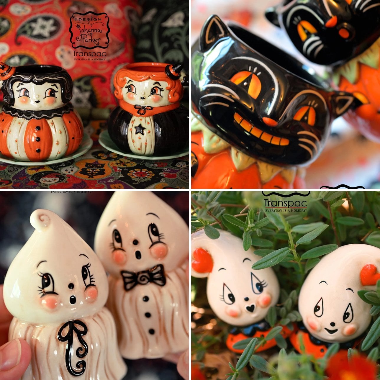 Johanna Parker Vintage Witch mugs, Pumpkin Patch Black Cat Jack mugs, Kooky Spook Ghost shakers, and Romeo and Julie Boo shakers