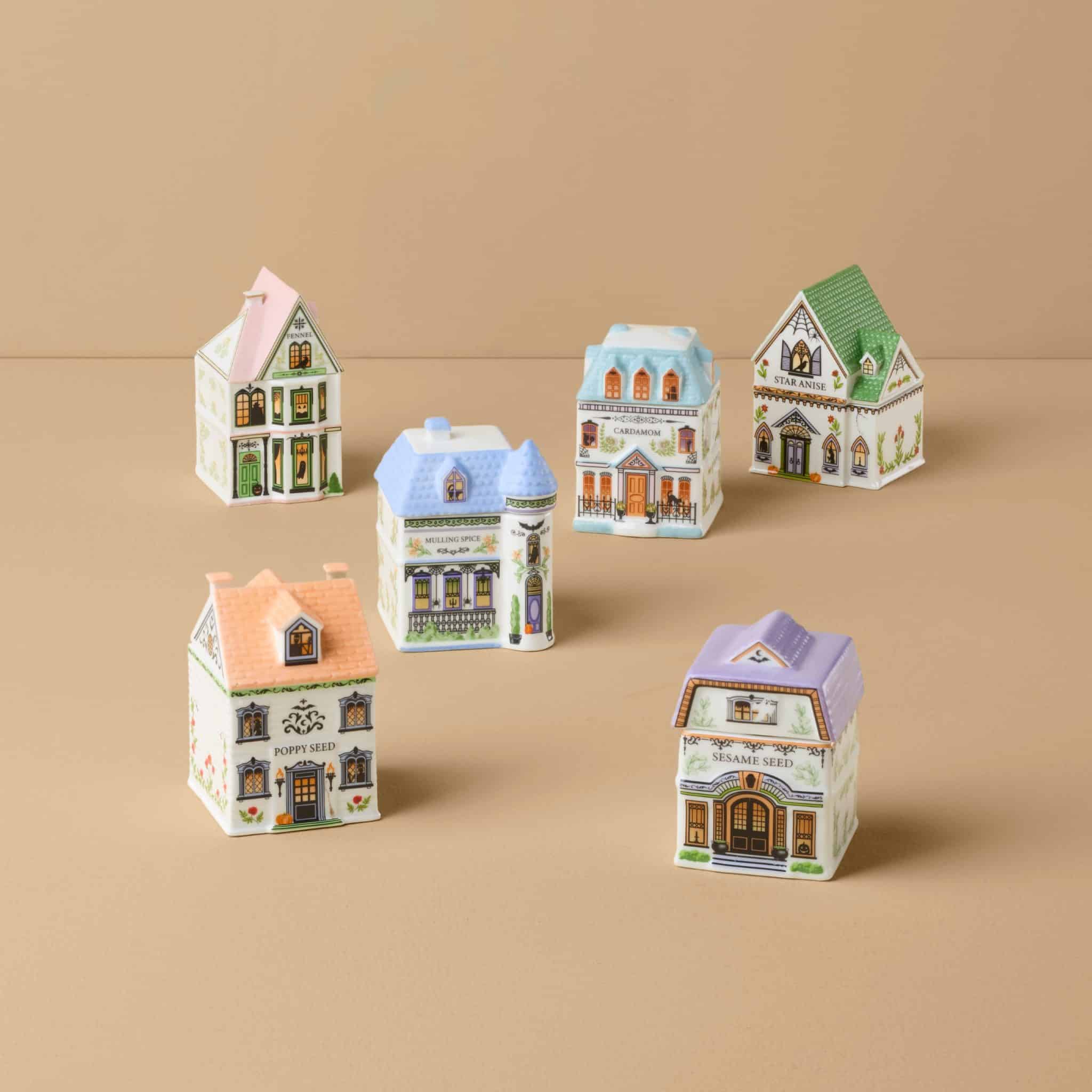 All six Lenox Spice Village Halloween spice jars styled as haunted Victorian houses