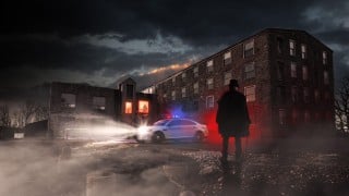 Lincoln Mill's 2026 poster art: a stone mill at night with a police car's flashing lights, silhouettes in two red-lit windows, and a figure in a top hat and cloak with a cane in the foreground