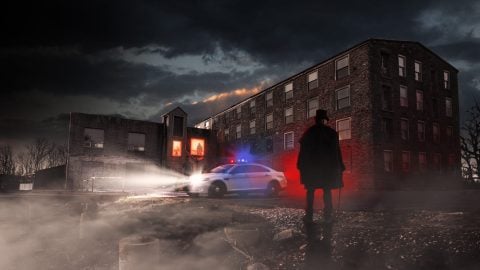 Lincoln Mill's 2026 poster art: a stone mill at night with a police car's flashing lights, silhouettes in two red-lit windows, and a figure in a top hat and cloak with a cane in the foreground