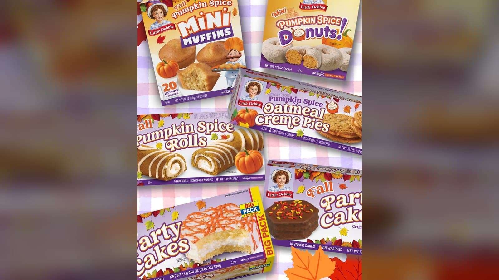 Little Debbie fall 2026 snack lineup: Pumpkin Spice Mini Muffins, Pumpkin Spice Mini Donuts, Pumpkin Spice Rolls, Pumpkin Spice Oatmeal Creme Pies, and Fall Party Cakes