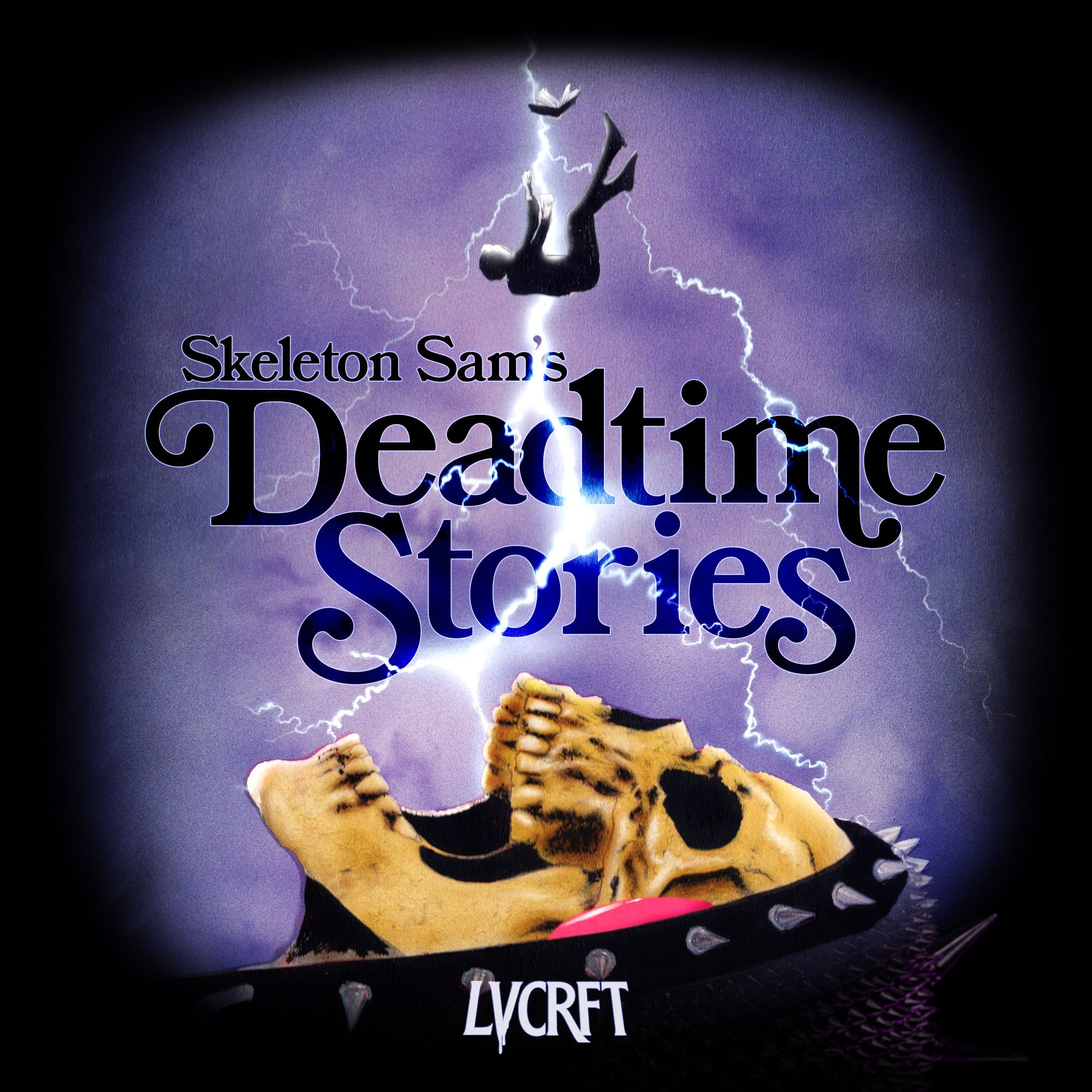 Album cover reading Skeleton Sam's Deadtime Stories over purple lightning, with a figure falling from the sky and a skull in a spiked collar below