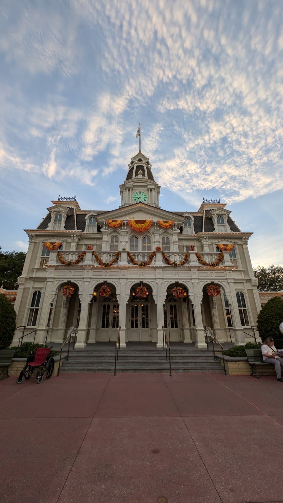 City Hall on Main Street, U.S.A. at Magic Kingdom decorated with fall bunting