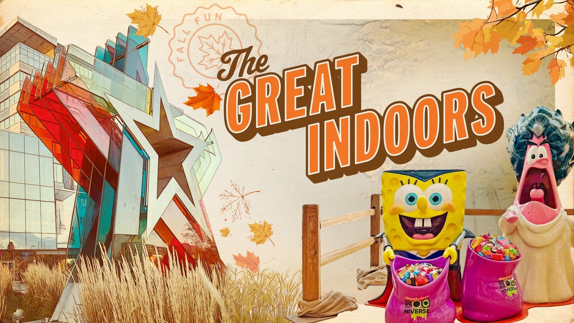 Mall of America fall artwork reading The Great Indoors, with SpongeBob and Patrick Halloween candy bowls beside it