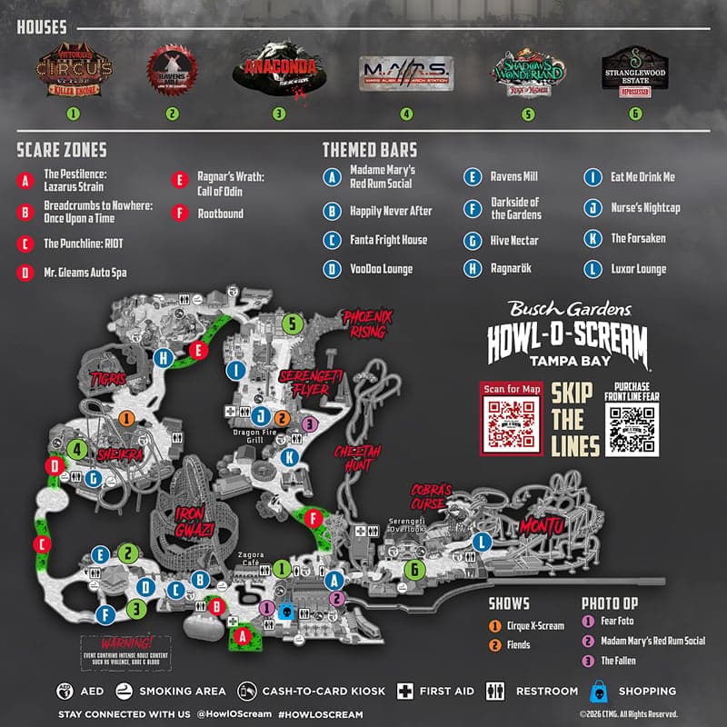 Busch Gardens Tampa Bay Howl-O-Scream 2026 event map