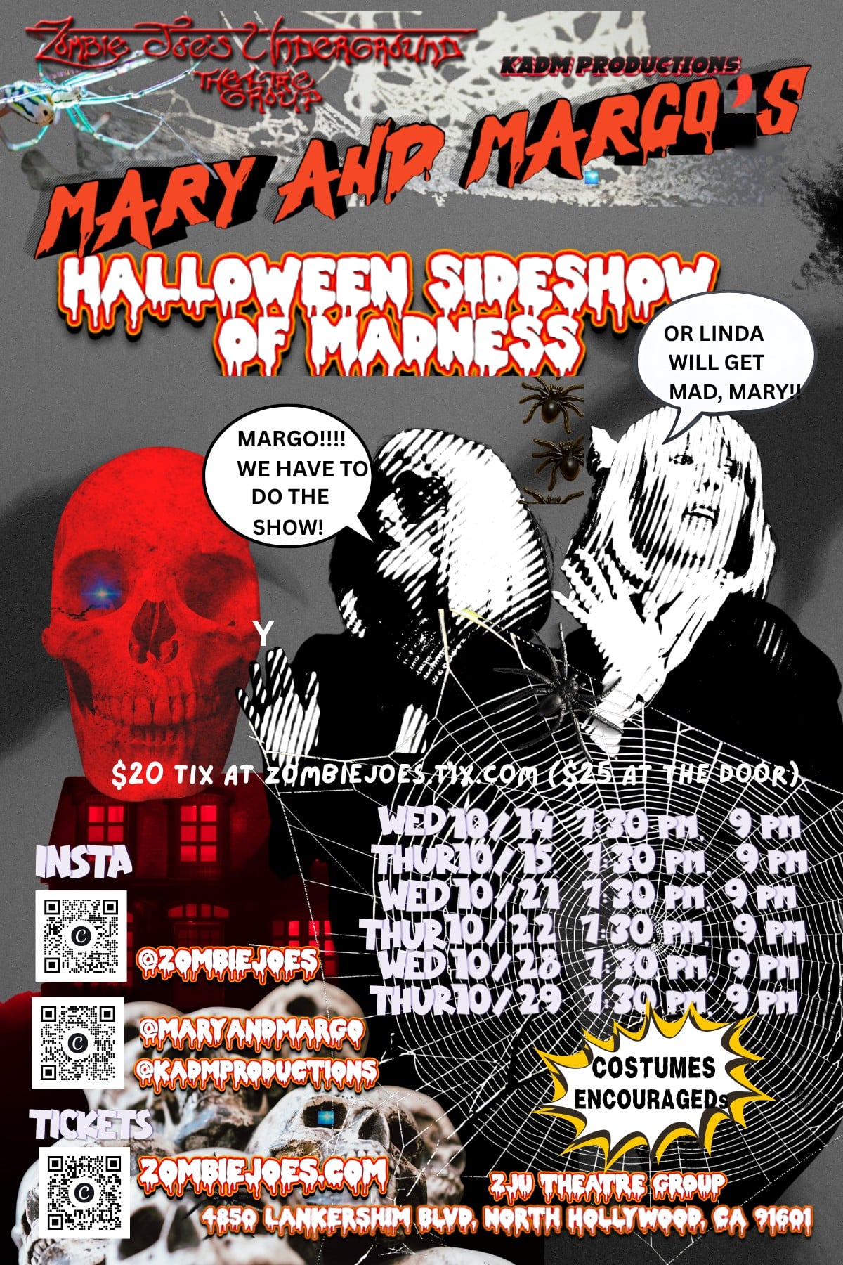 The poster for Mary and Margo's Halloween Sideshow of Madness, listing six October dates with 7:30 p.m. and 9 p.m. shows at ZJU Theatre Group