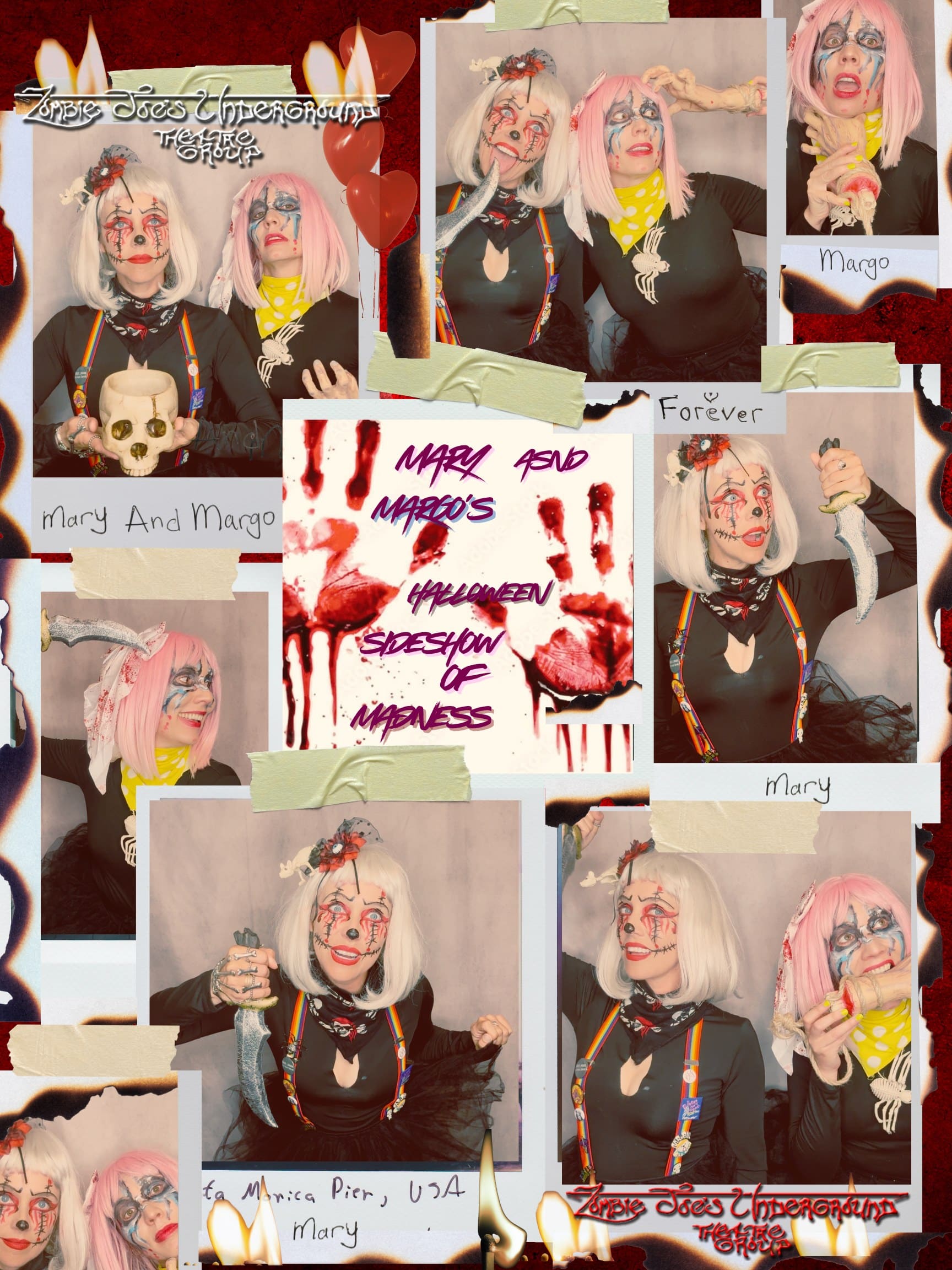 A collage of instant photos of Mary, in a white wig with stitches painted on her face, and Margo, in a pink wig, posing with a skull, a knife, and a fake severed hand