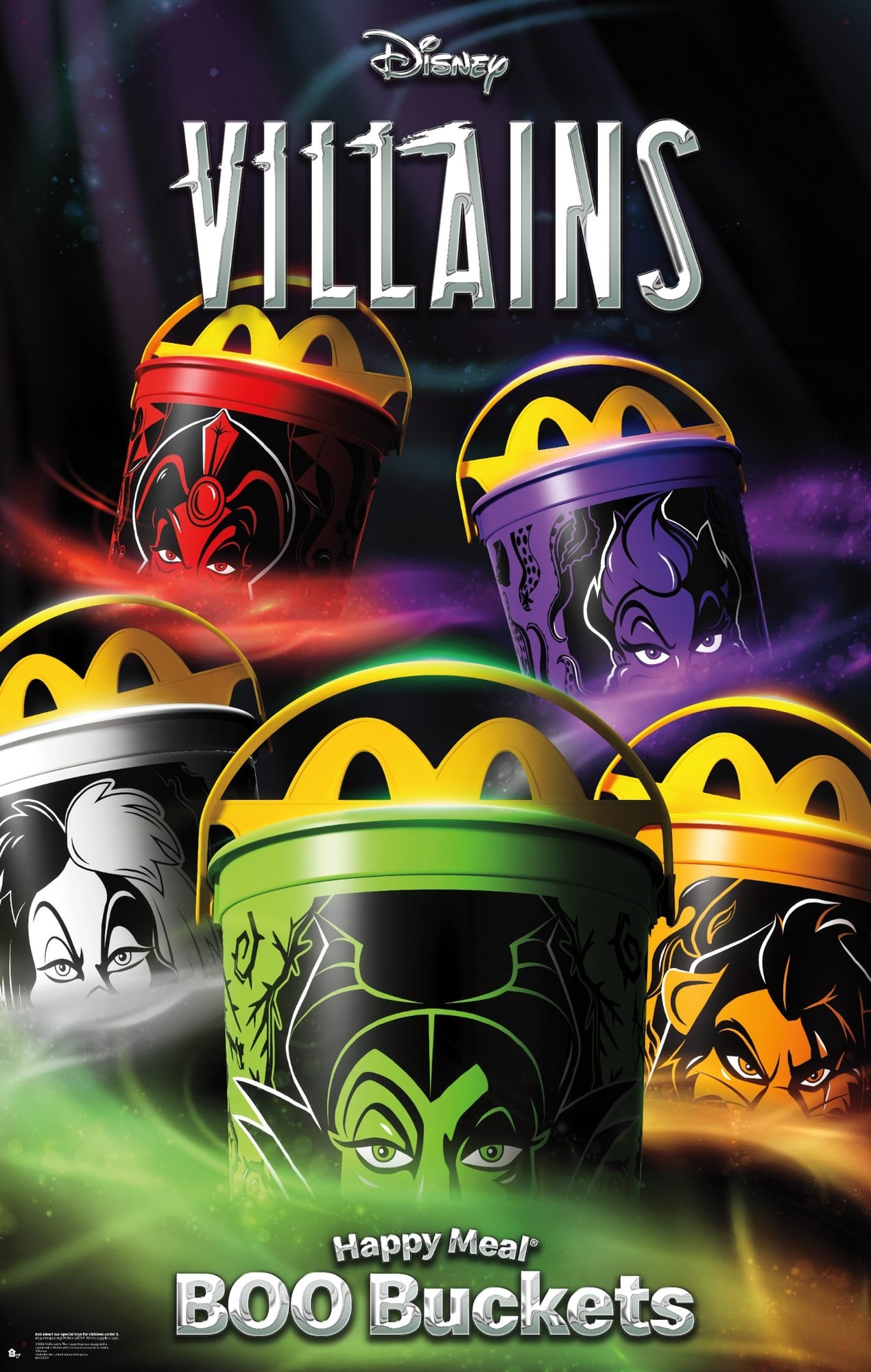 McDonald's Disney Villains Happy Meal Boo Buckets poster: five buckets in red, purple, white, green and orange, each with a villain's face, under the word Villains
