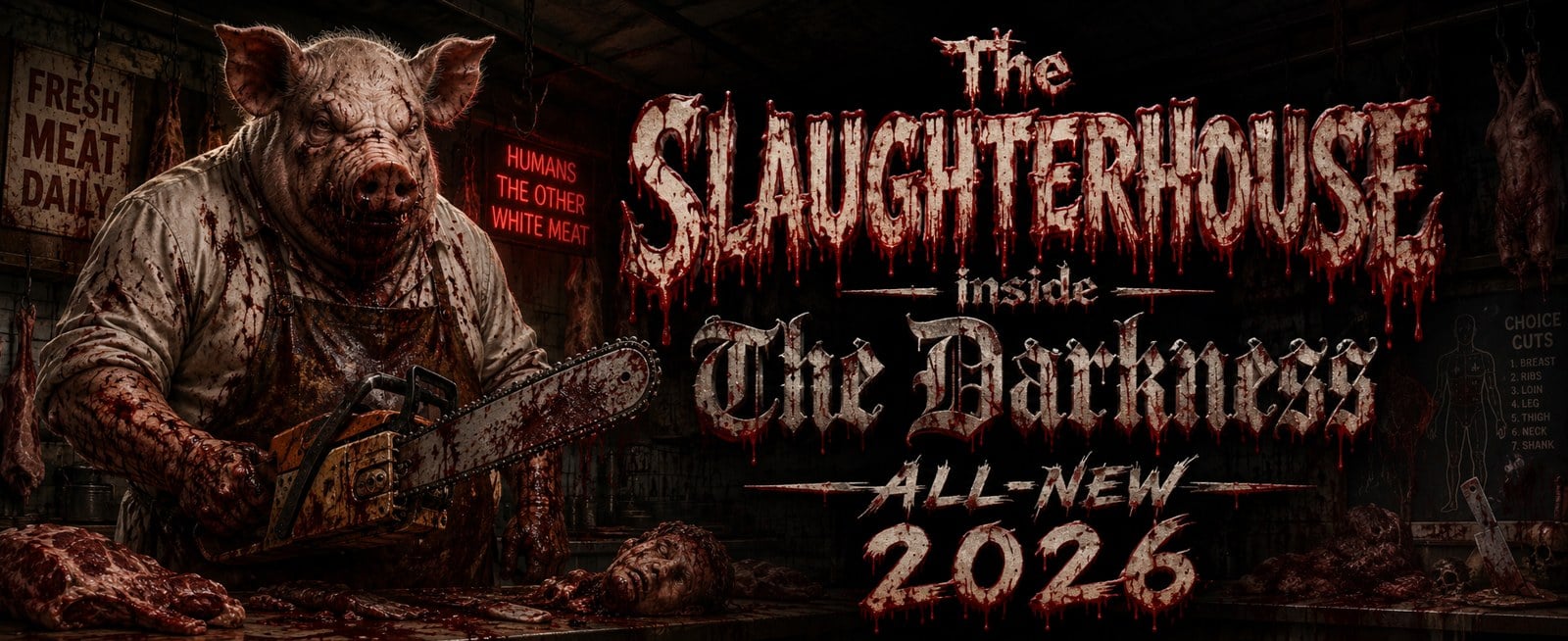 Illustration of a pig-headed butcher holding a chainsaw in a meat locker, beside lettering for The Slaughterhouse inside The Darkness