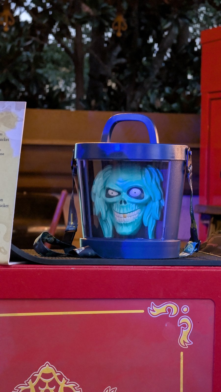 The Hatbox Ghost popcorn bucket on a Magic Kingdom popcorn cart during Mickey's Not-So-Scary Halloween Party 2026
