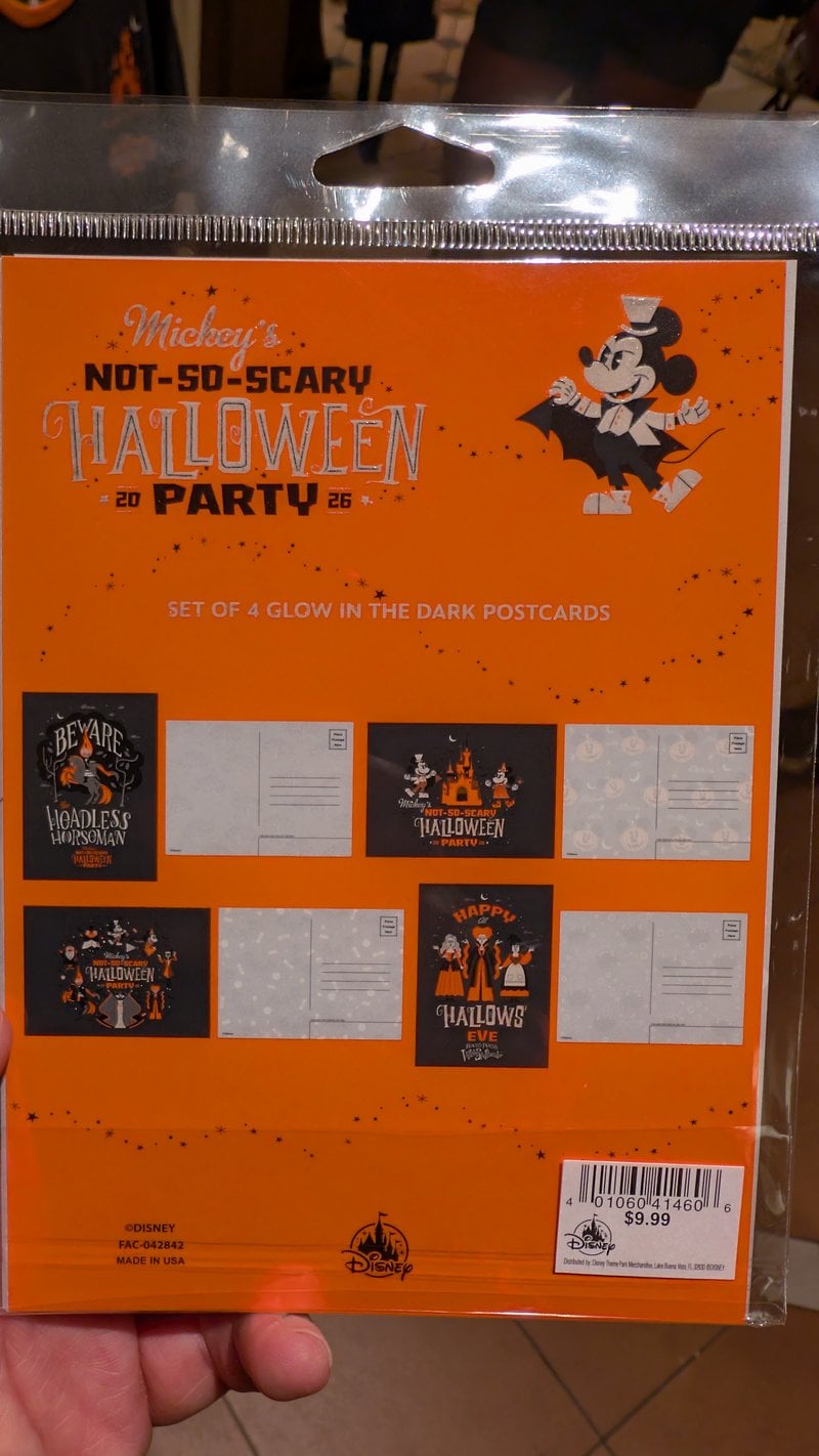 The glow-in-the-dark postcard set from Mickey's Not-So-Scary Halloween Party 2026, priced at $9.99