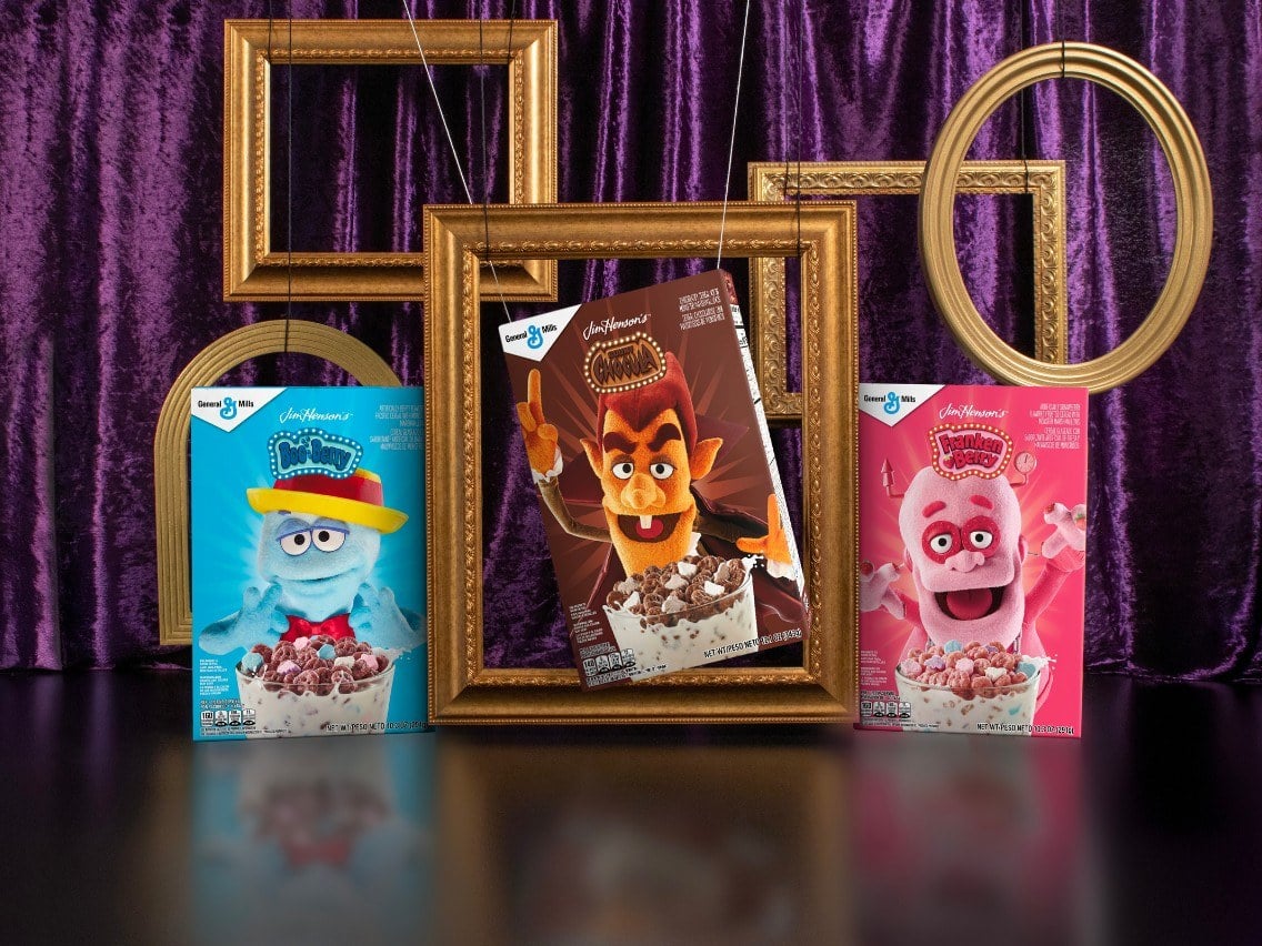 Monster Cereals 2026 boxes with Boo Berry, Count Chocula, and Franken Berry Jim Henson puppets