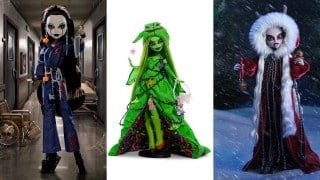 Three collector dolls side by side: one in a blue jumpsuit holding a knife in a hospital corridor, one in a neon green hooded gown, and one in a white fur hood and red robe in the snow