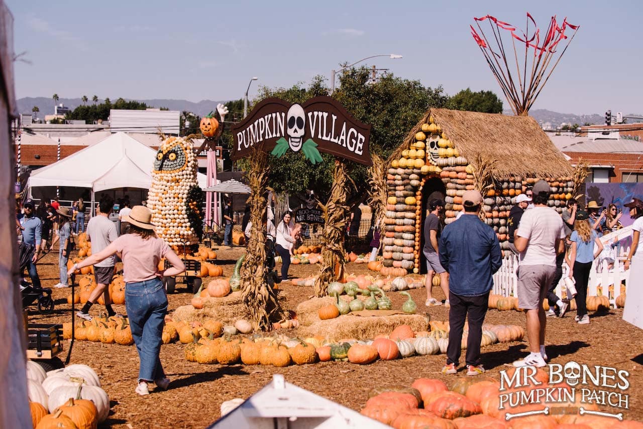 Visitors walk among pumpkins under the Pumpkin Village sign, with huts walled in pumpkins and a tall owl made of gourds