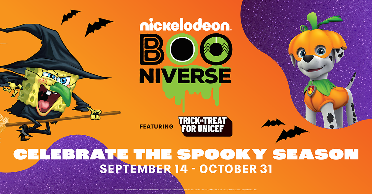 Nickelodeon Booniverse artwork with SpongeBob SquarePants dressed as a witch on a broomstick and PAW Patrol's Marshall in a pumpkin costume, dated September 14 to October 31
