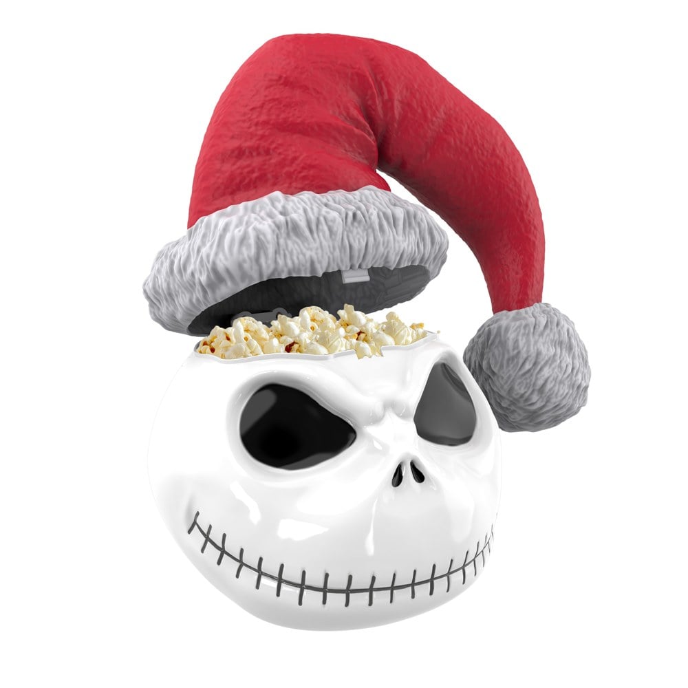 The Jack Skellington popcorn bucket with its Santa hat lifted to show the popcorn inside