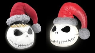 The Nightmare Before Christmas Jack Skellington popcorn bucket lit up, shown open with popcorn and closed in its Santa hat
