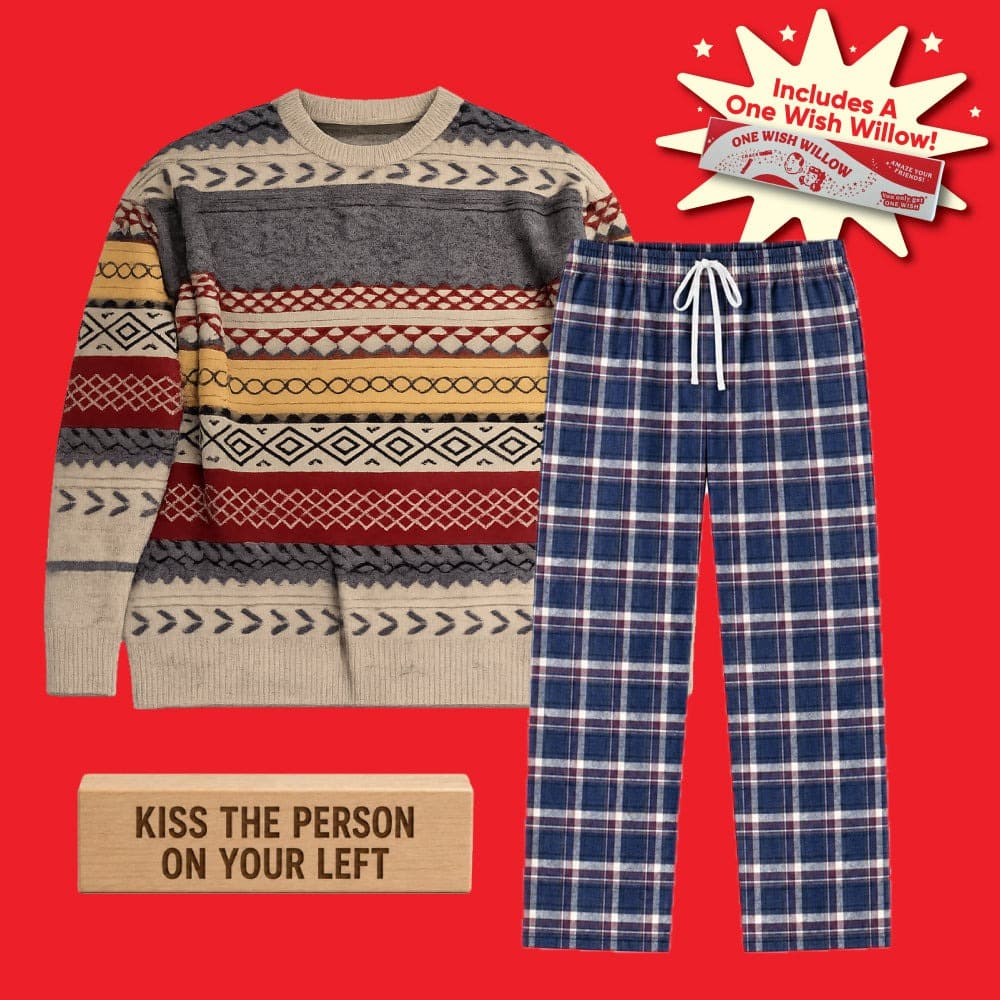 The full Obsession Bear costume set: a striped sweater, plaid pajama pants, a printed block and a One Wish Willow