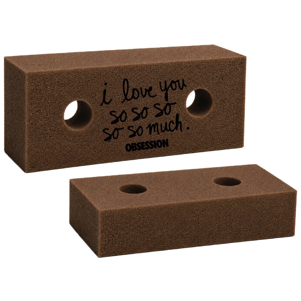 The foam brick prop from the Obsession Nikki costume set, printed i love you so so so so so much