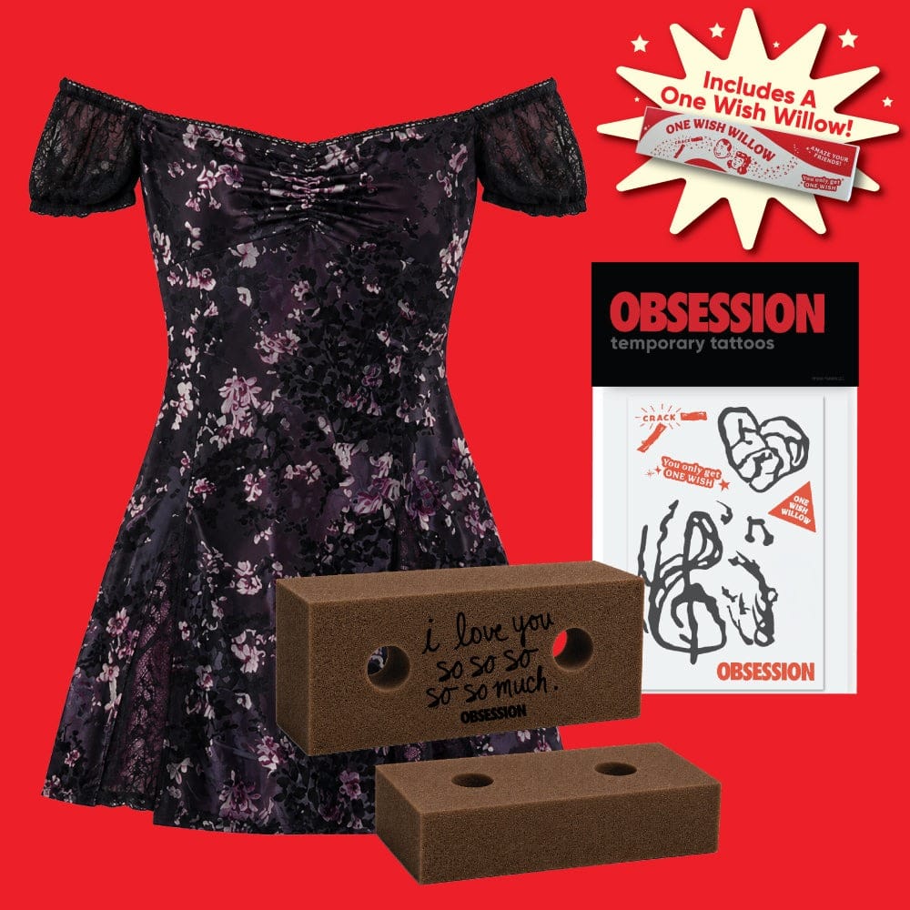 The full Obsession Nikki costume set: a purple floral dress, a temporary tattoo sheet, a foam brick and a One Wish Willow