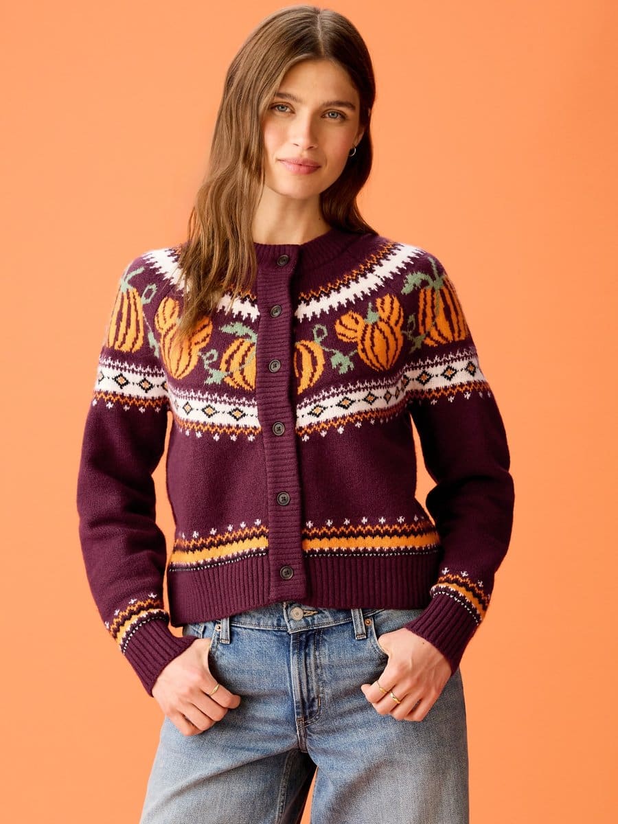 Old Navy x Disney Mickey Mouse cardigan for women in brown Fair Isle knit