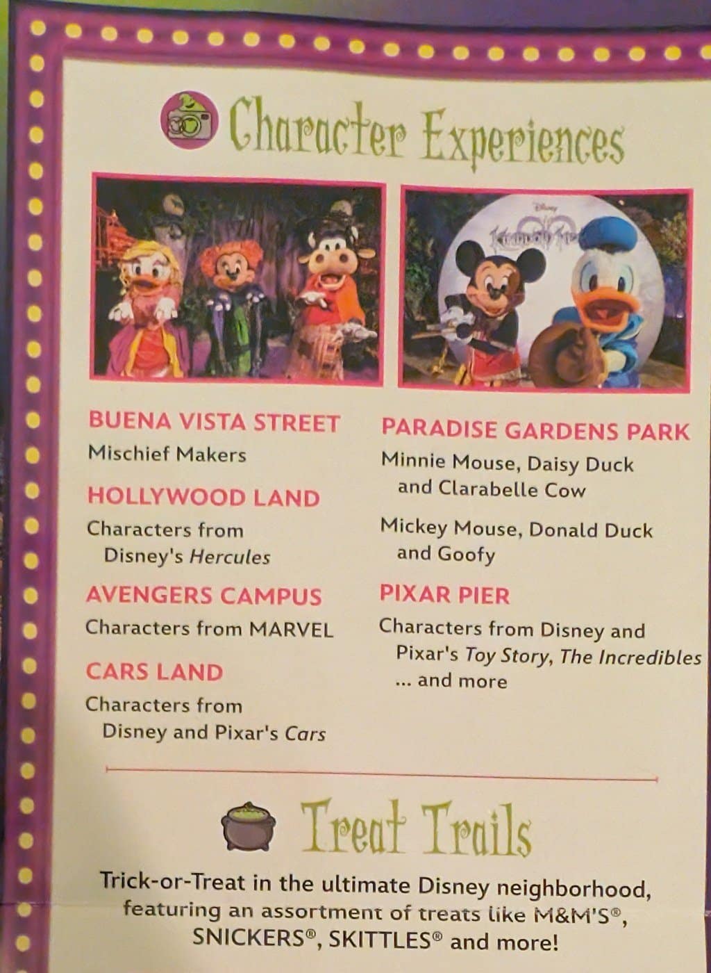 The character experiences panel from the Oogie Boogie Bash 2026 event guide map