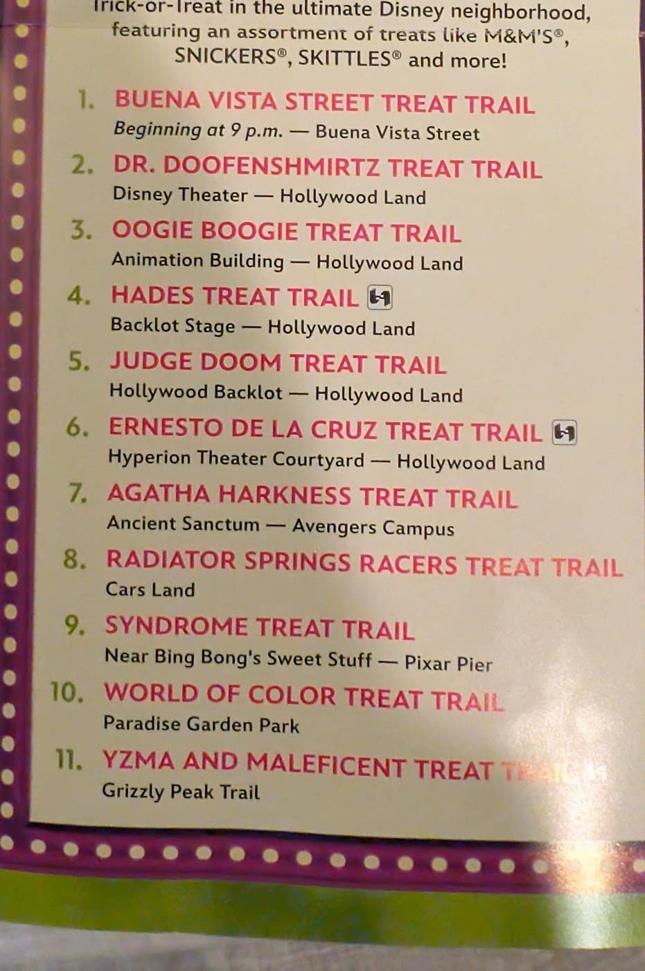 The treat trail list from the Oogie Boogie Bash 2026 event guide map