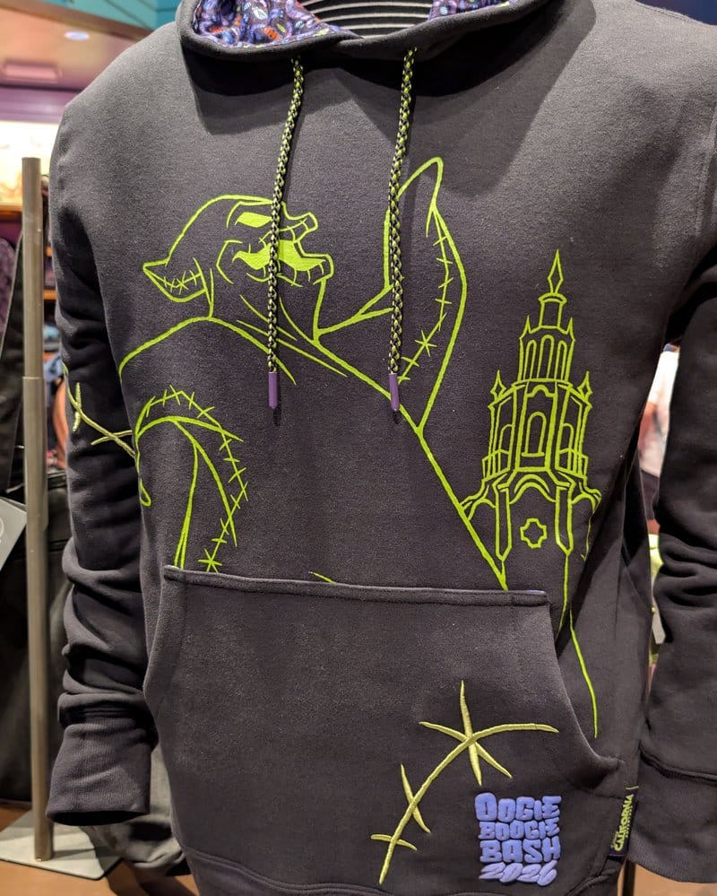 Oogie Boogie Bash 2026 black hoodie with lime line art of Oogie Boogie