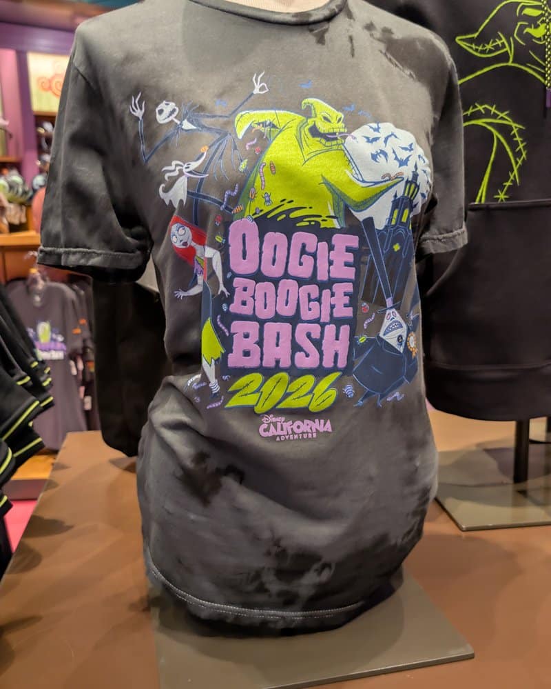 Oogie Boogie Bash 2026 t-shirt with Oogie Boogie, Jack, and Sally