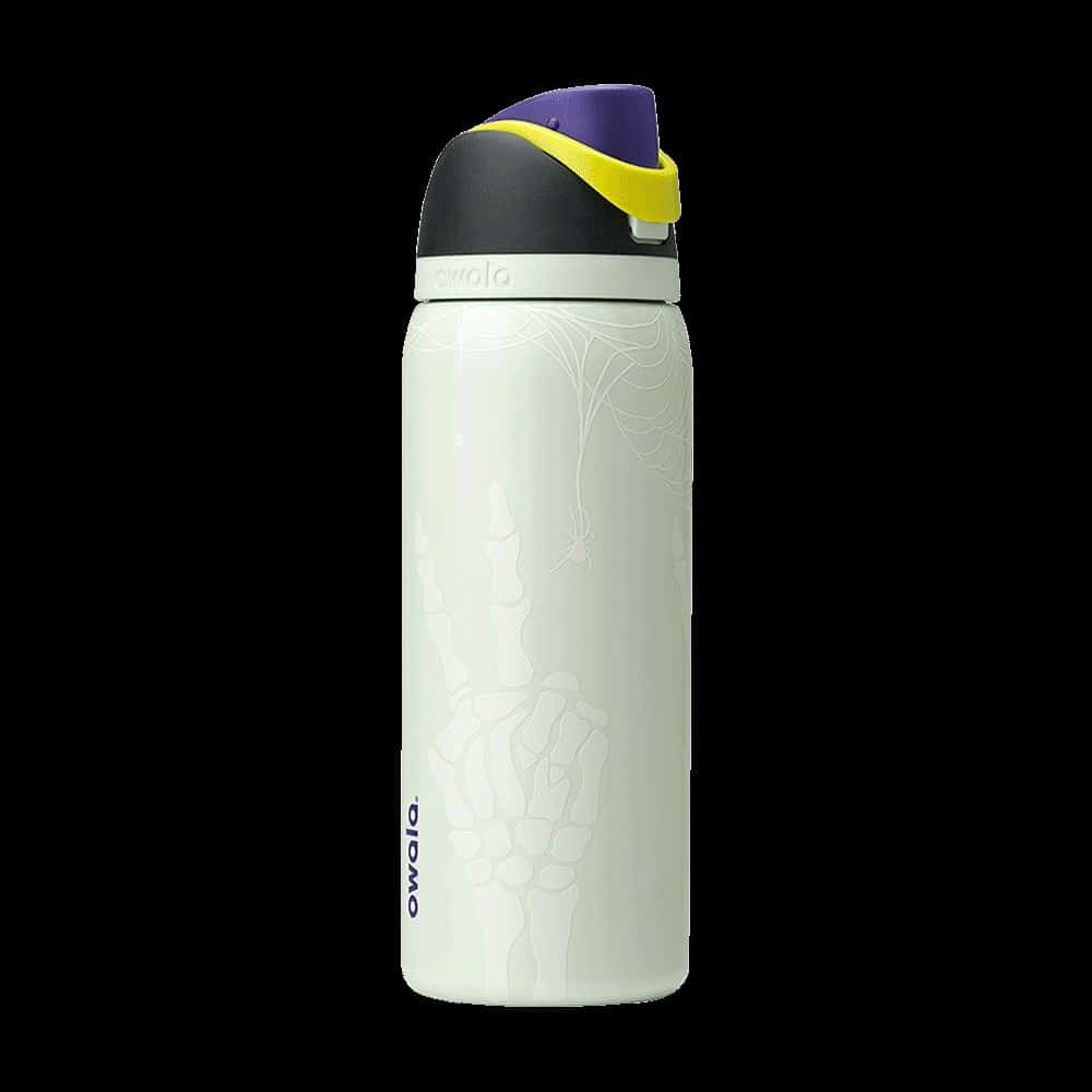 Owala FreeSip RIP 32oz Halloween water bottle in pale mint with glow-in-the-dark skeleton hand and spiderweb print