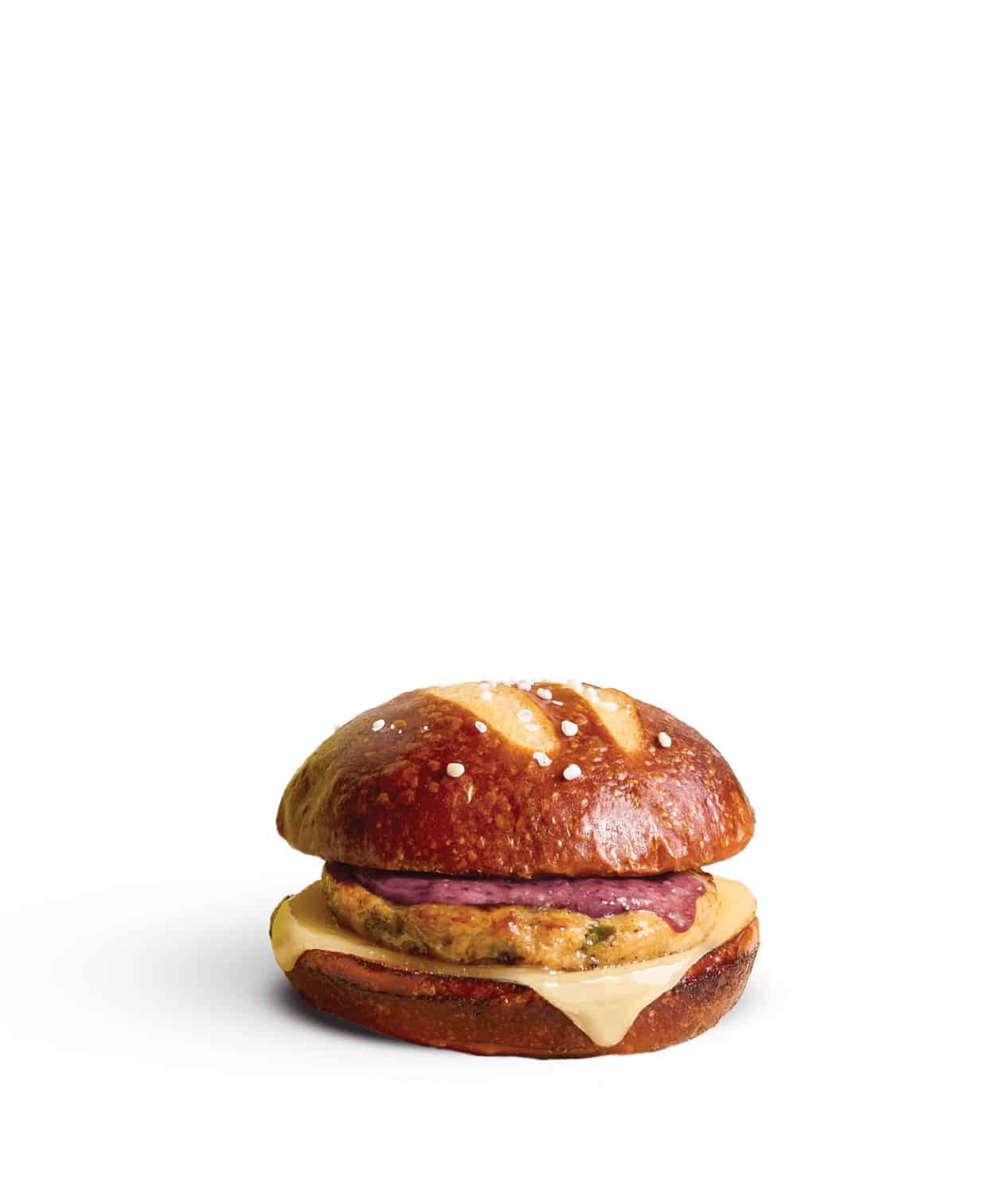 Peet's Home Harvest Pretzwich sandwich on a pretzel bun
