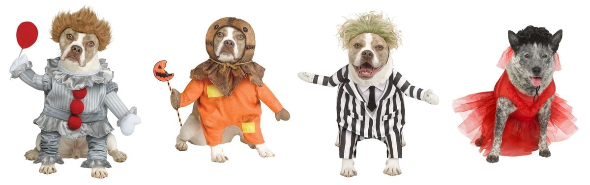 Spirit Halloween Pennywise Sam Beetlejuice and Lydia Deetz pet costumes