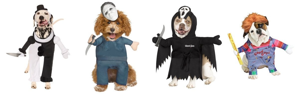 Spirit Halloween Art the Clown Michael Myers Ghost Face and Chucky pet costumes