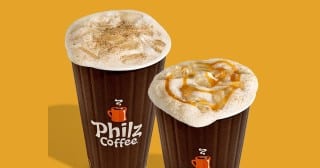 Two Philz Coffee fall cold brews, Apple Cinnamon Roll and Pecan Pie, on a gold background