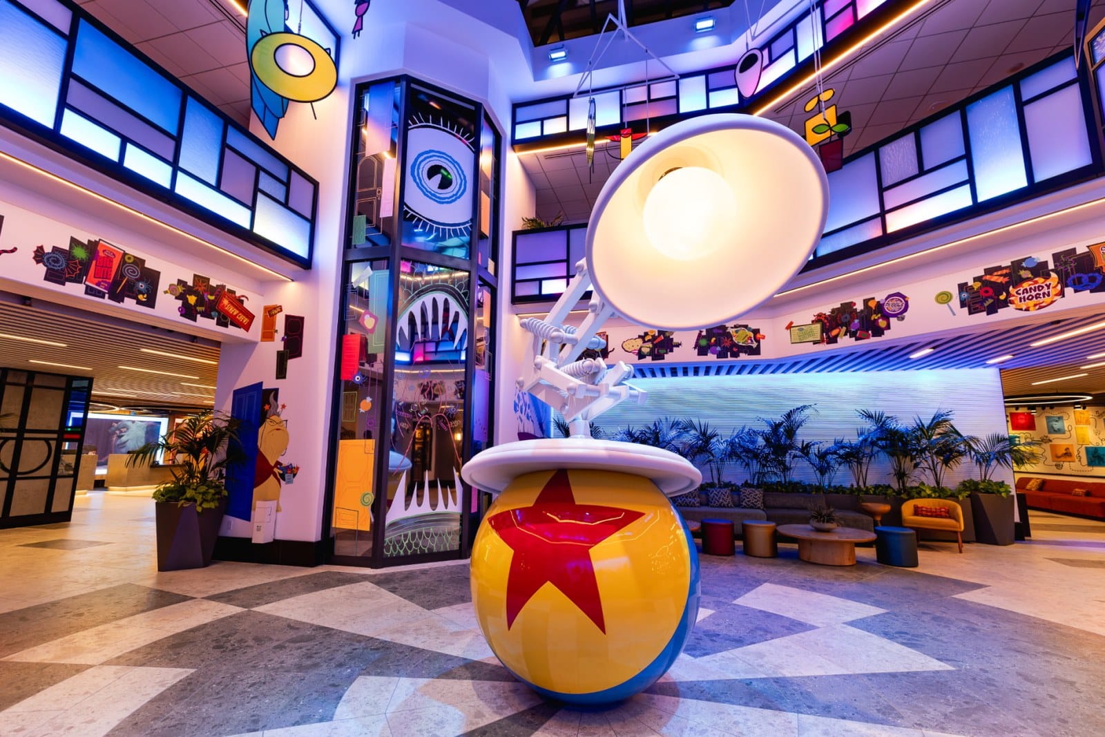 The Pixar Place Hotel lobby at the Disneyland Resort during Halloween Time 2026