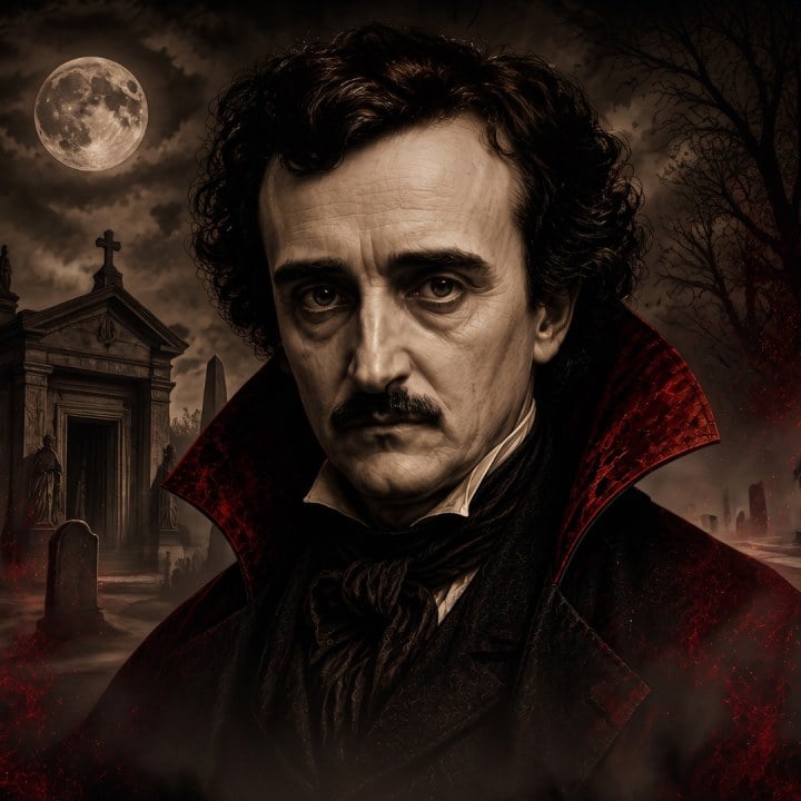 An illustrated portrait of Edgar Allan Poe in front of a moonlit cemetery