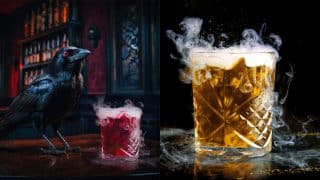 A raven beside a smoking red cocktail at a dark bar, next to a smoking amber cocktail