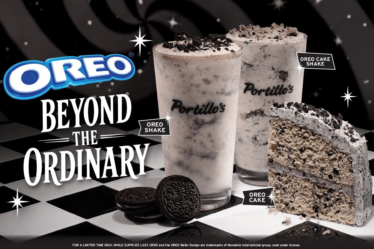 Two shakes in Portillo's cups topped with crushed cookies beside a slice of layered cookies-and-cream cake on a black-and-white checkered surface, under the words OREO Beyond the Ordinary