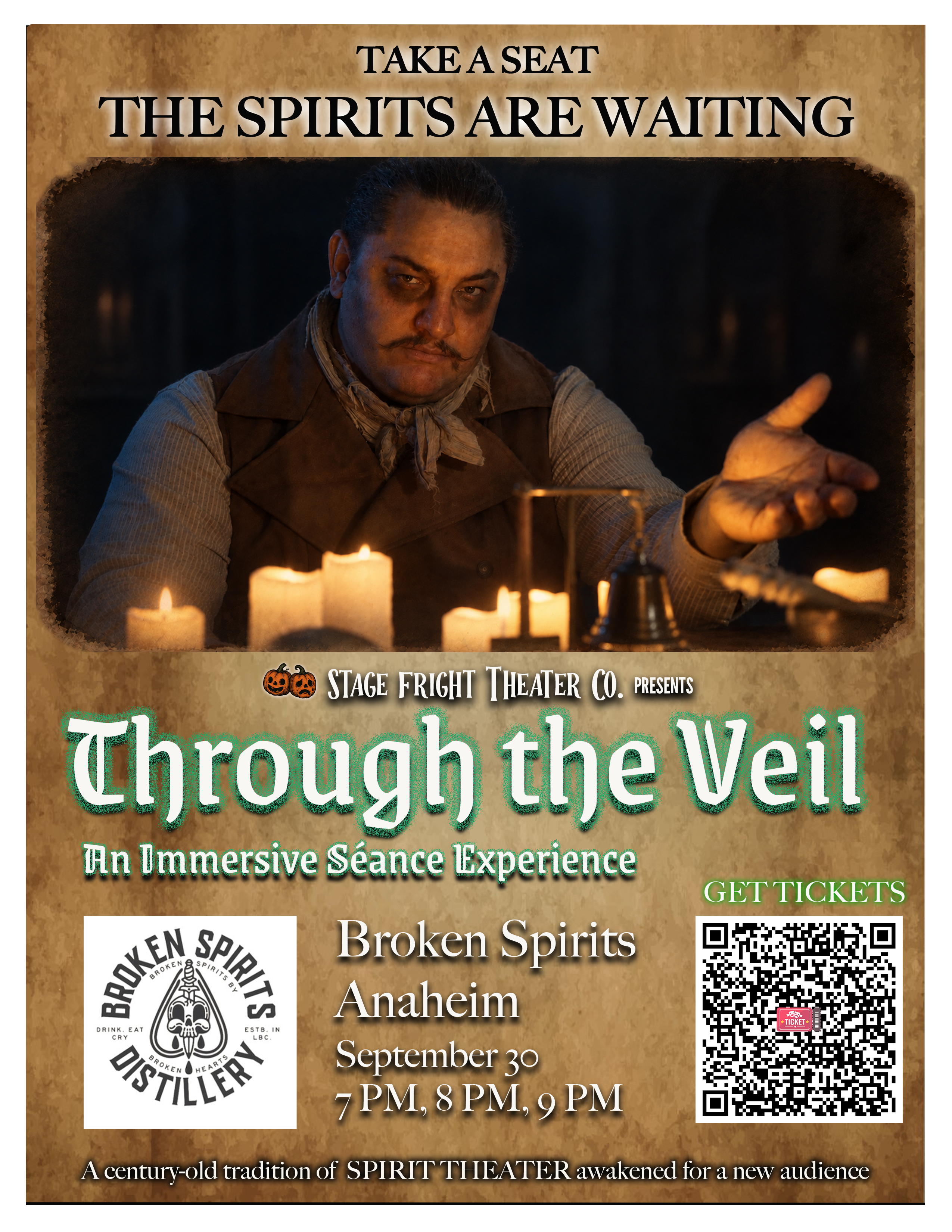 Through the Veil poster for Broken Spirits in Anaheim, September 30 at 7, 8, and 9 PM