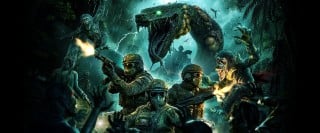 Deadwood Origins key art: an armed squad in a jungle faces a giant serpent, infected monkeys, and hordes of the undead