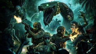 Deadwood Origins key art: an armed squad in a jungle faces a giant serpent, infected monkeys, and hordes of the undead