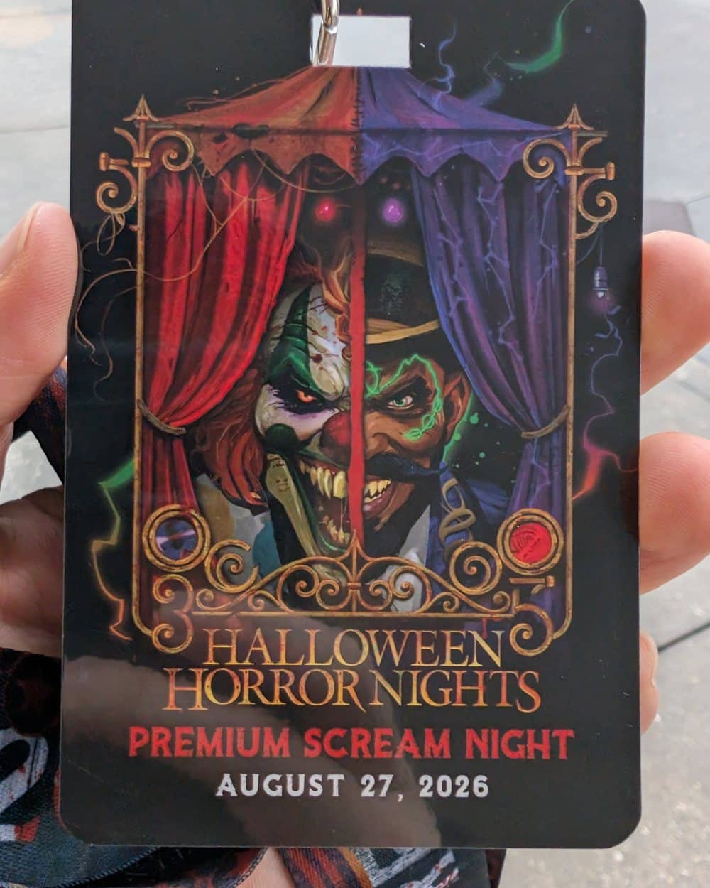 The Premium Scream Night lanyard at Halloween Horror Nights 35, dated August 27, 2026