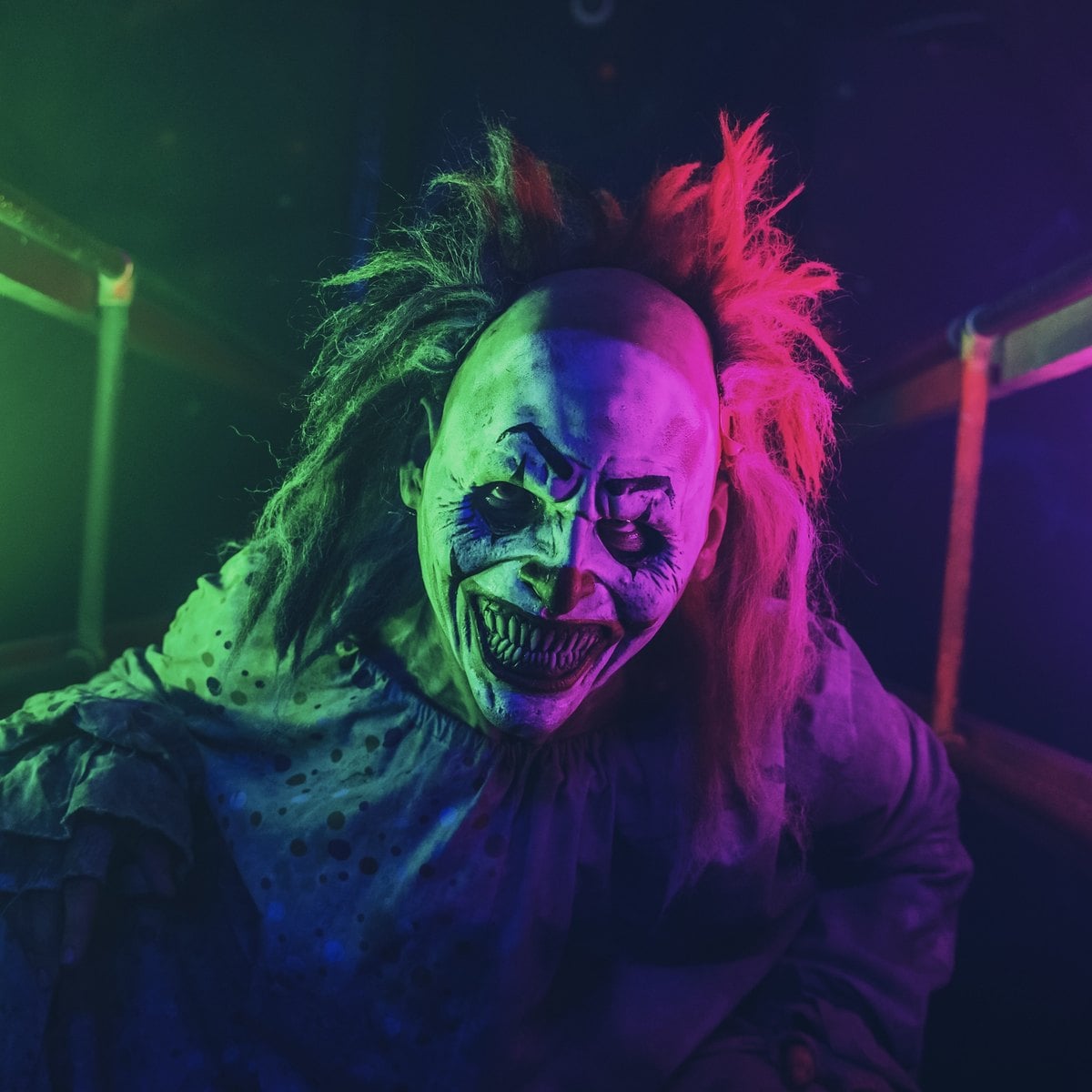 A Pure Terror Scream Park clown scare actor with green and pink hair grins under colored lights