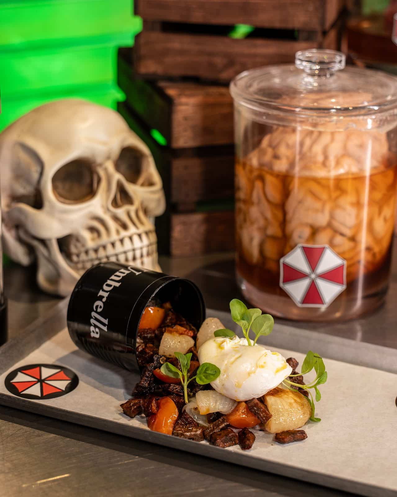 Umbrella Corporation themed food and T-Virus mutations at the Resident Evil takeover